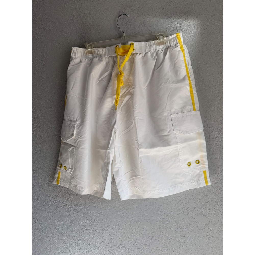 TACVASEN Mens White Yellow Striped Swim Trunks Cargo Board Shorts XL NEW